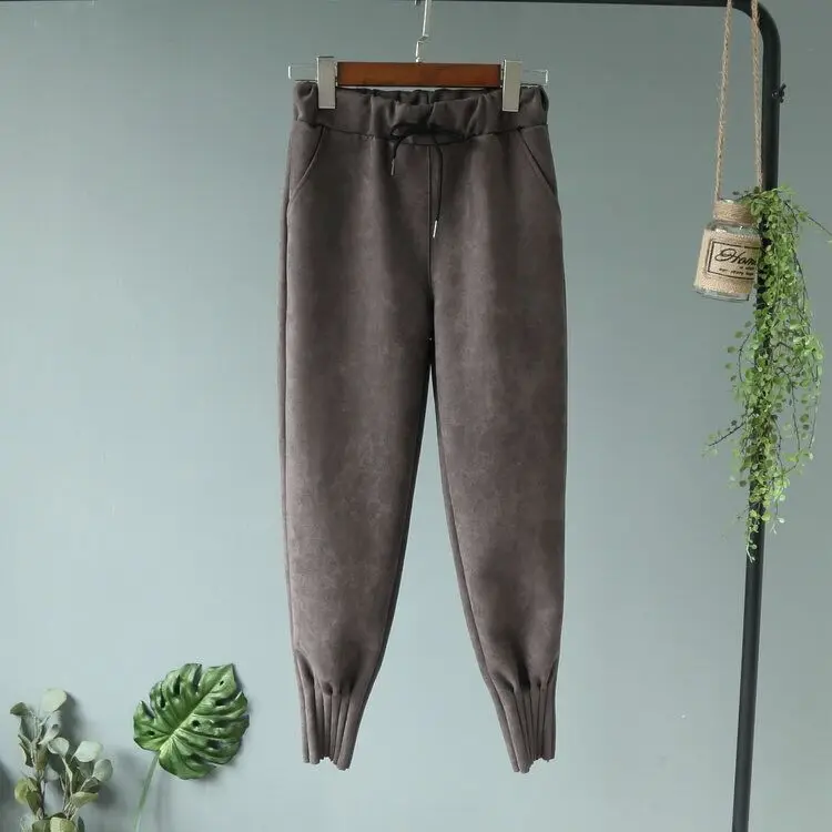 Simple gray Зимние Замшевые женские штаны-шаровары с высокой талией и завязками, женские брюки, осень, повседневные свободные спортивные штаны для женщин - Цвет: Simple gray