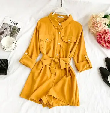 yellow Женские Летние шифоновые Комбинезоны с коротким рукавом, дамские широкие шорты с отложным воротником, пляжный комбинезон для отпуска, TB1053 - Цвет: yellow