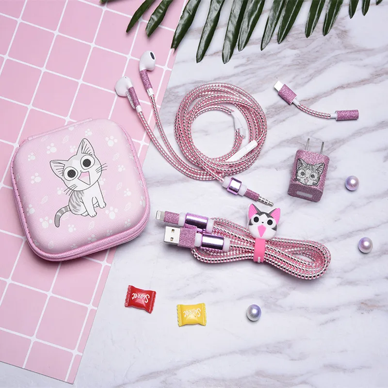 Мультяшный USB кабель для наушников протектор набор с наушниками коробка Стикеры