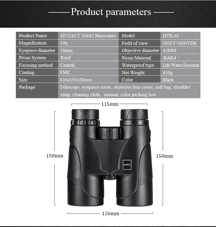 Высокая Мощность бинокль охотничий инструмент телескоп 10x42 Binocolo BAK4 сафари концерты FMC покрытие HUTACT