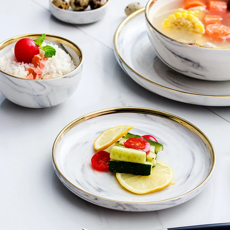 Europe Electroplating Marble Phnom Penh Ceramica Plate Western-style Snack Salad Disc Household Soup Bowl Tableware 1pcs
