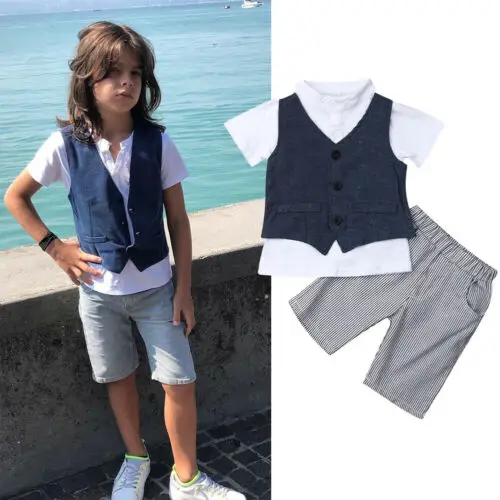 New Boy Gentleman Shirt Tops Waistcoat+Short Pants Set Baby Trousers Outfits | Детская одежда и обувь