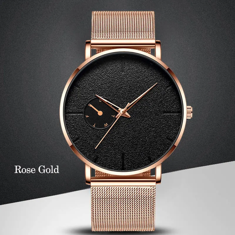 RoseGoldBlack Ультра тонкие мужские часы повседневные минимализм брендовые кварцевые простые синие указки наручные часы с сетчатым ремешком деловые часы мужские часы - Цвет: RoseGoldBlack