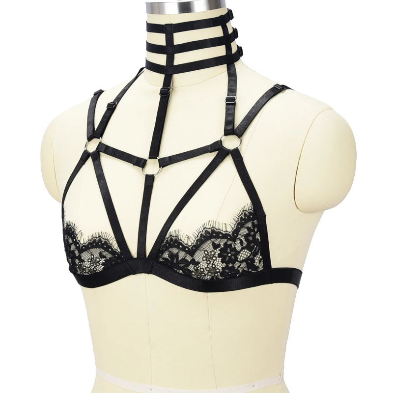 Черные кружевные ремня через одно плечо кружевное клетка бюстгальтер для тела