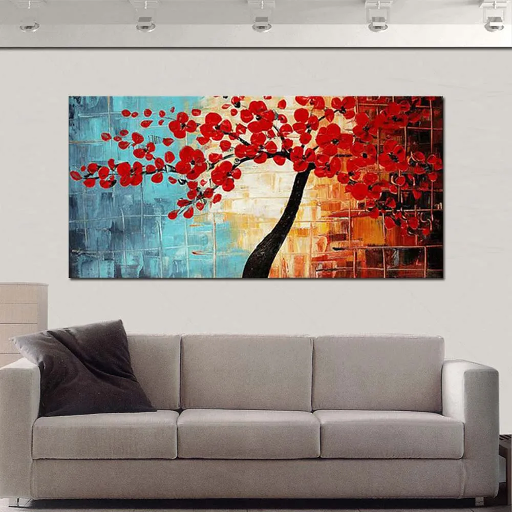 

Modern Art Hand Paint Abstract Blooming Red Flower Tree Oil Painting Canvas Art Wall Picture Living Room Bedroom Home Wall Decor