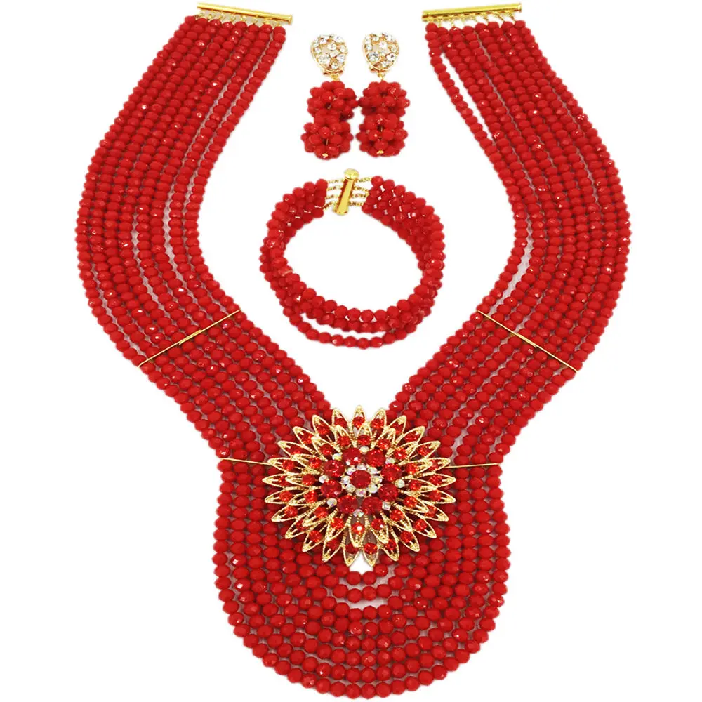 

New Opaque Red Crystal Costume Nigerian African Wedding Beads Jewelry Necklaces Set Bridal Beads Sets 8PD12