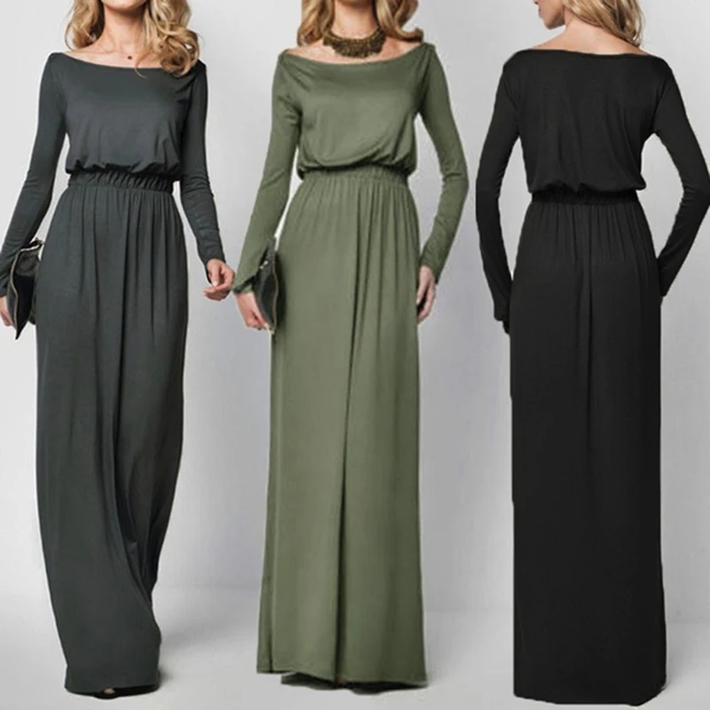 New Spring Autumn Dress Elegant Ladies Party Long Sleeve Slash Neck Floor Female Casual Beach Vestidos | Женская одежда