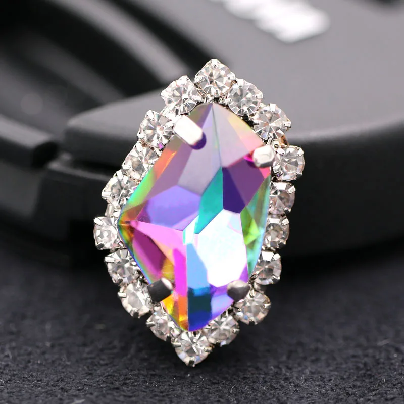 

Free shipping K9 Rainbow color glass rhinestones sew on sliver base crystal button with claw diy wedding decoration/clothing