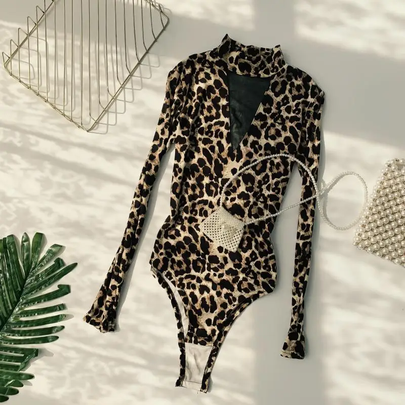 2019 New Spring Women's Overalls Sexy Leopard Printing Semi-high Collar V Long Sleeve Trim Body Thin Bodysuit for Woman | Женская