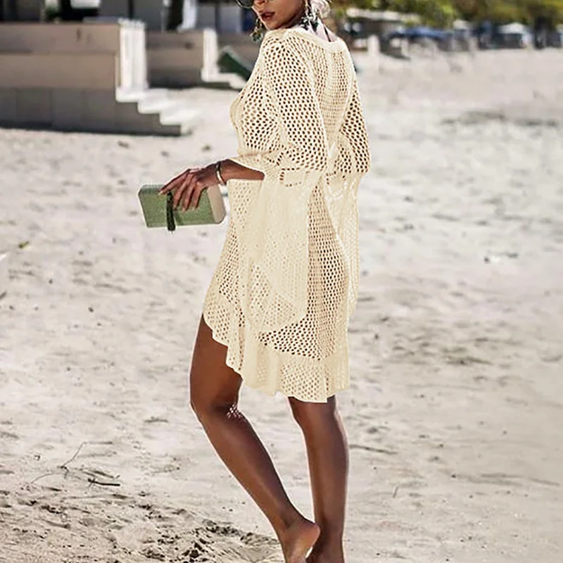 

Hollow Out Knitted Flare Sleeve Beach Blouse Sunscreen Cover Up blusas mujer de moda Blouse Female plus size