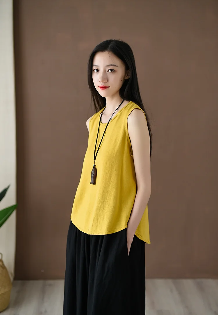 OriGoods Linen Tank Top Women Loose Casual Summer Tank Tops Solid Black White Yellow Red White Tank top Kawaii Cute Tops C223