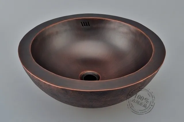 

All copper basin artistic stage retro handmade circular bathroom sink double overflow