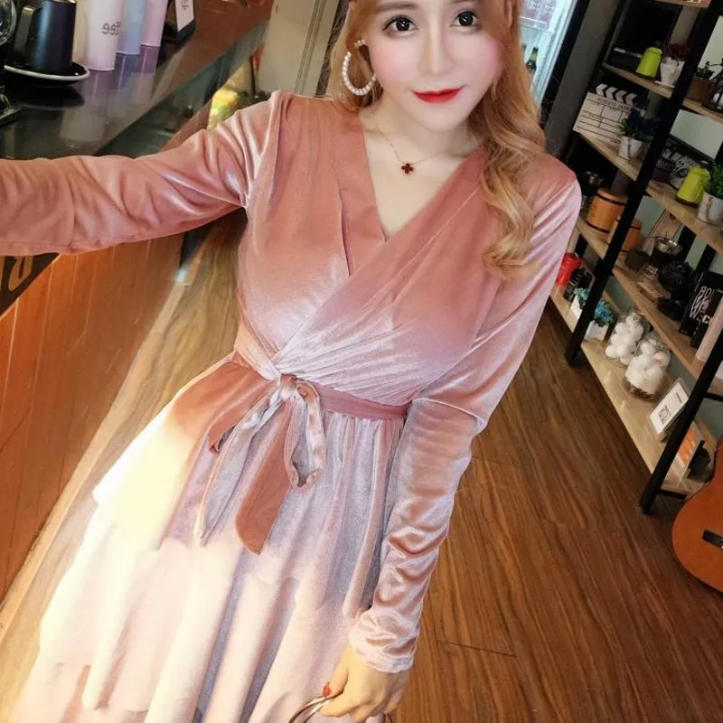 Осенне зимнее женское платье 2019 повседневное винтажное бархатное с длинным