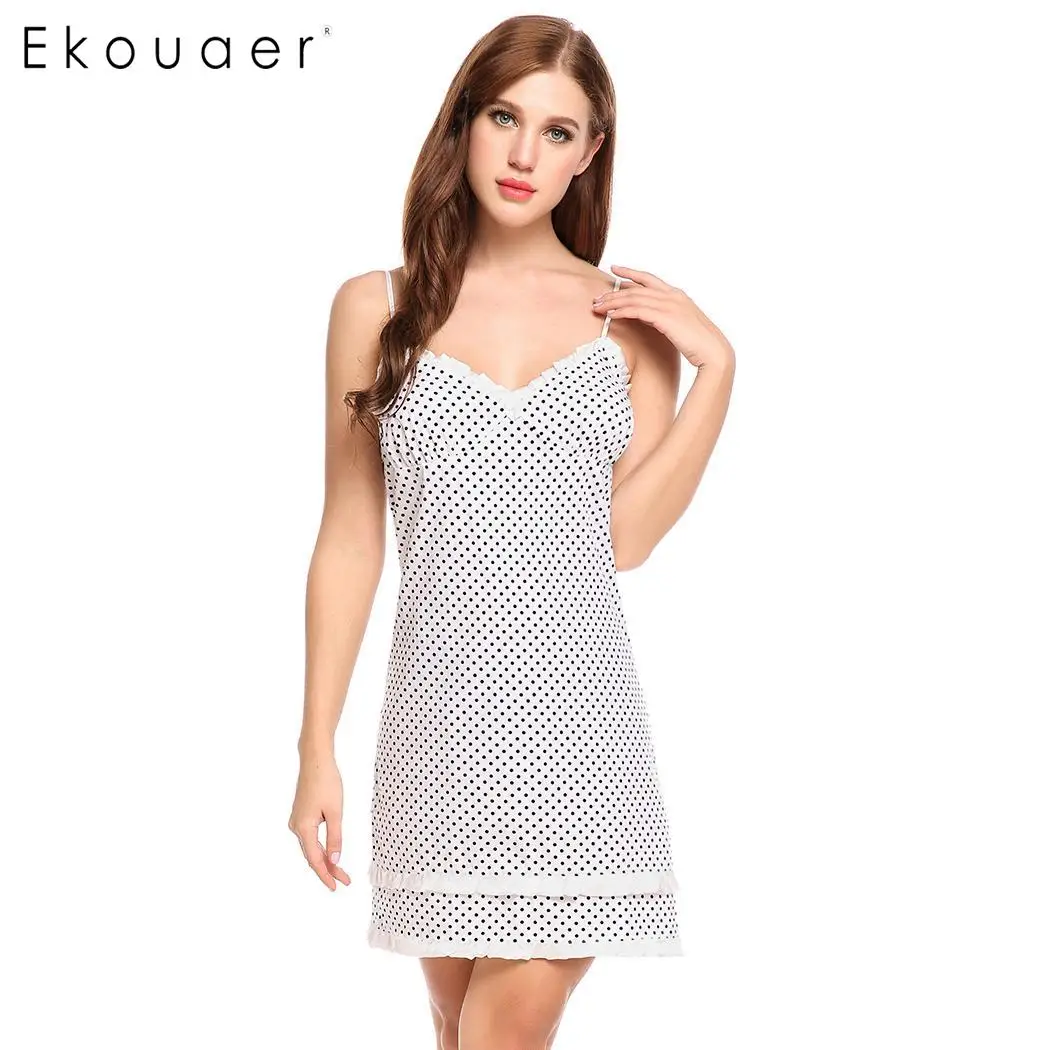 Ekouaer 100% хлопок ночная рубашка для женщин сексуальная на бретельках в горошек