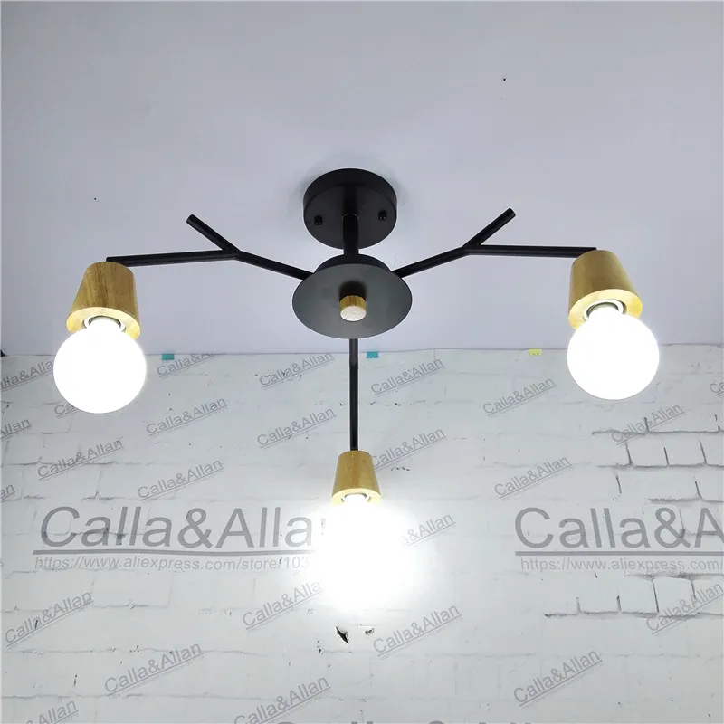 

3-arm wood socket iron chandelier wooden lamp holders E27 AC110V/220V edison light fixture black iron wood chandelier
