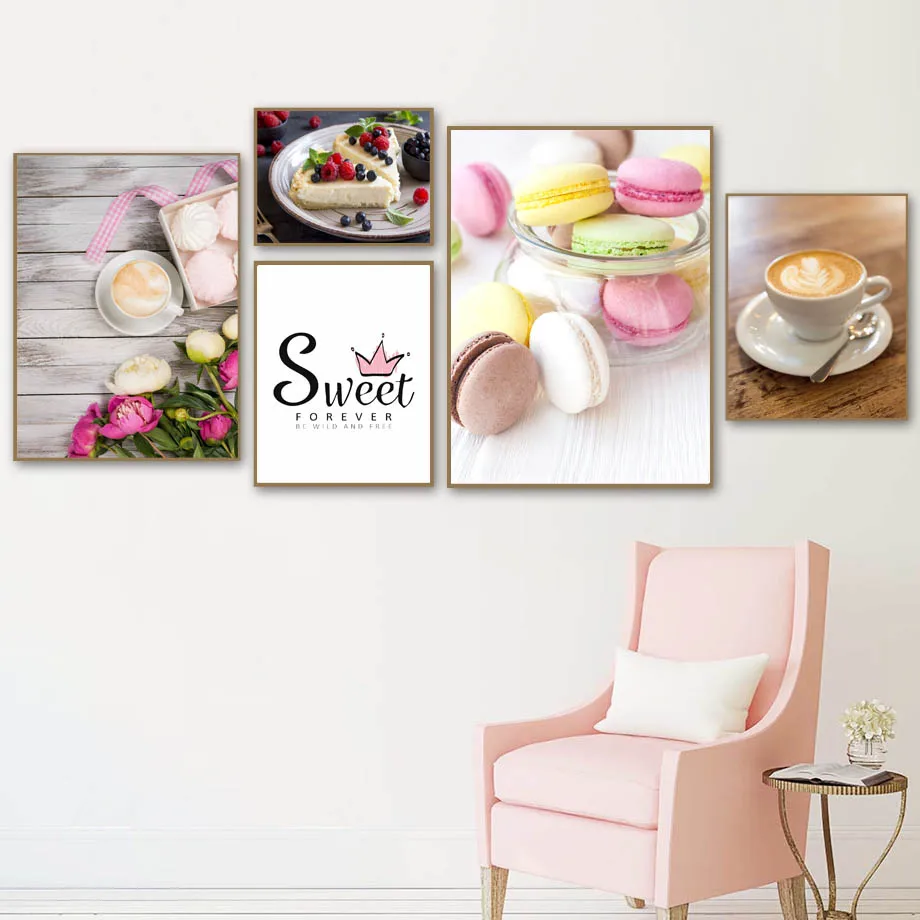 

Macaron Cake Coffee Flower Wall Art Canvas Painting Nordic Posters And Prints Wall Pictures For Hotel Coffee Shop Kitchen Decor