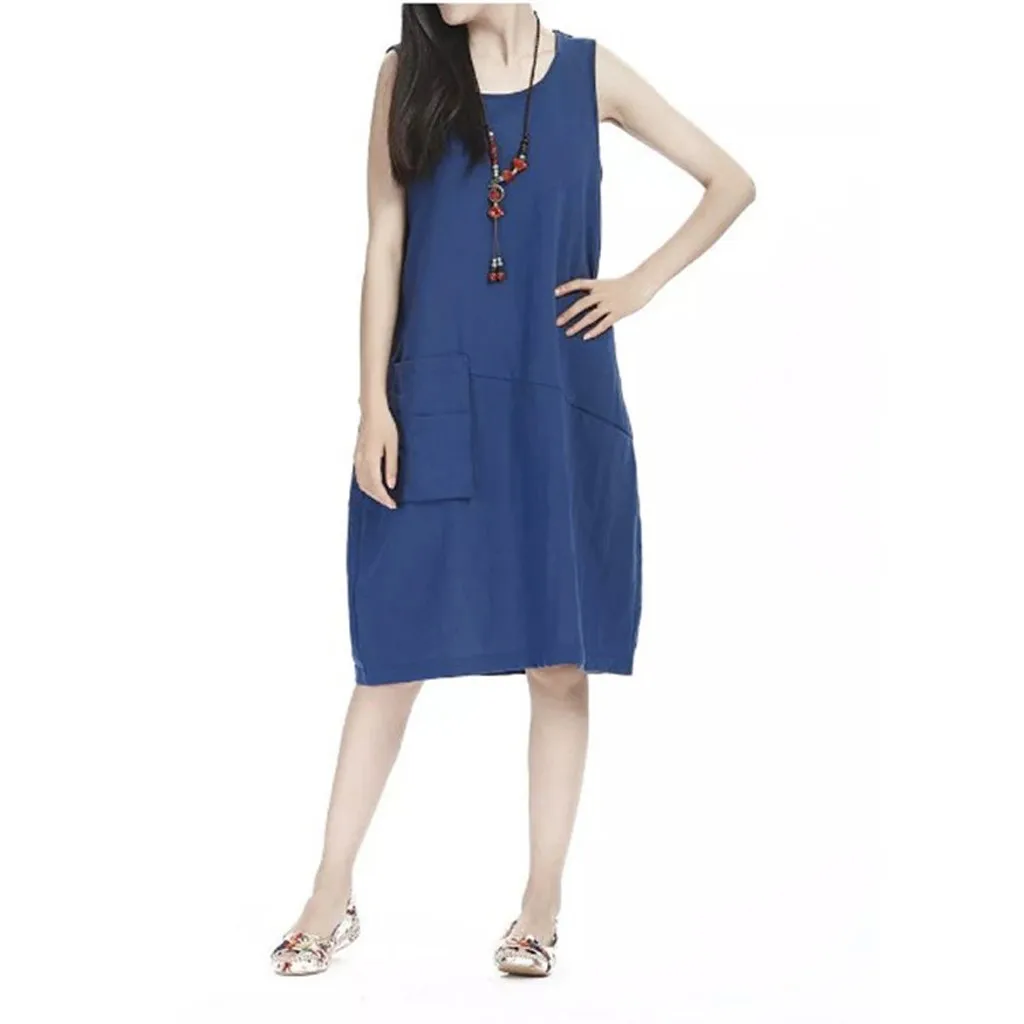 Женское летнее платье больших размеров с круглым вырезом без рукавов сплошные