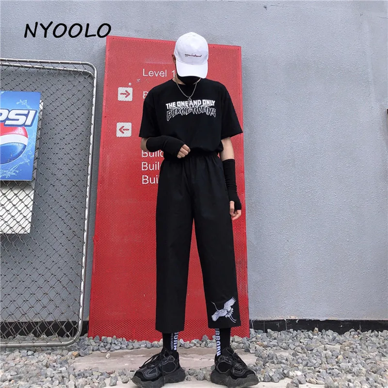 NYOOLO Harajuku дизайнерские брюки с вышивкой и высокой талией летние прямые эластичной