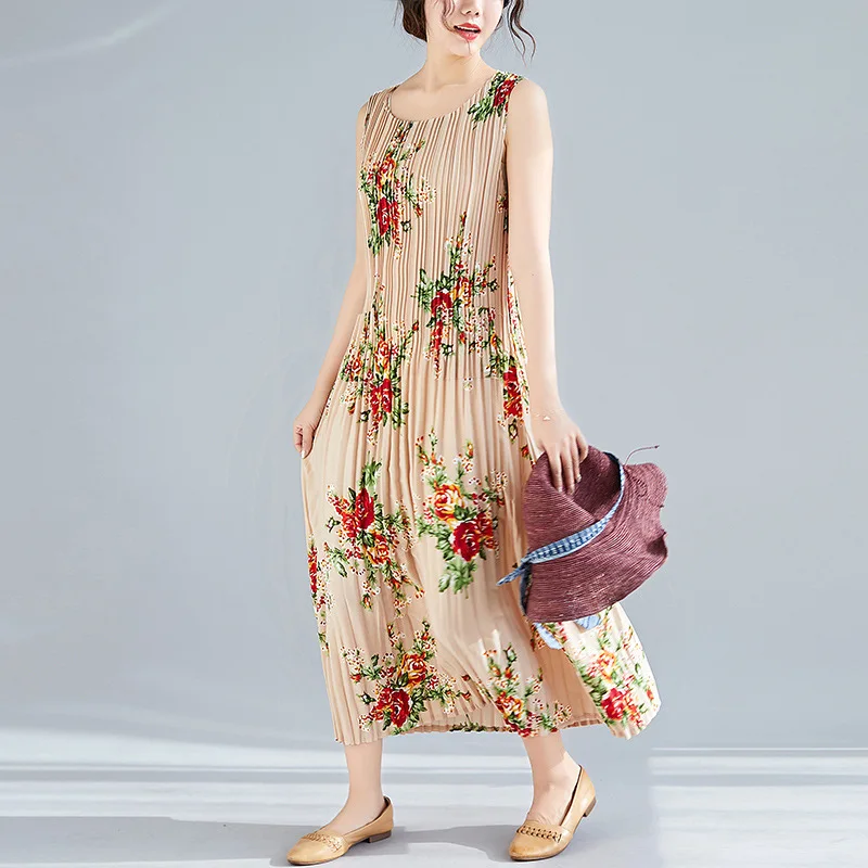 Летние платья женские с цветочным принтом стрейч плиссированные дикие большие