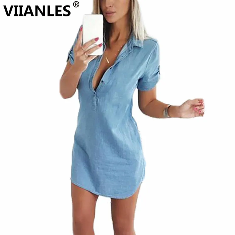 

Женская синяя джинсовая рубашка VIIANELS, блузка с коротким рукавом, элегантные длинные рубашки, пикантные топы, отложной воротник