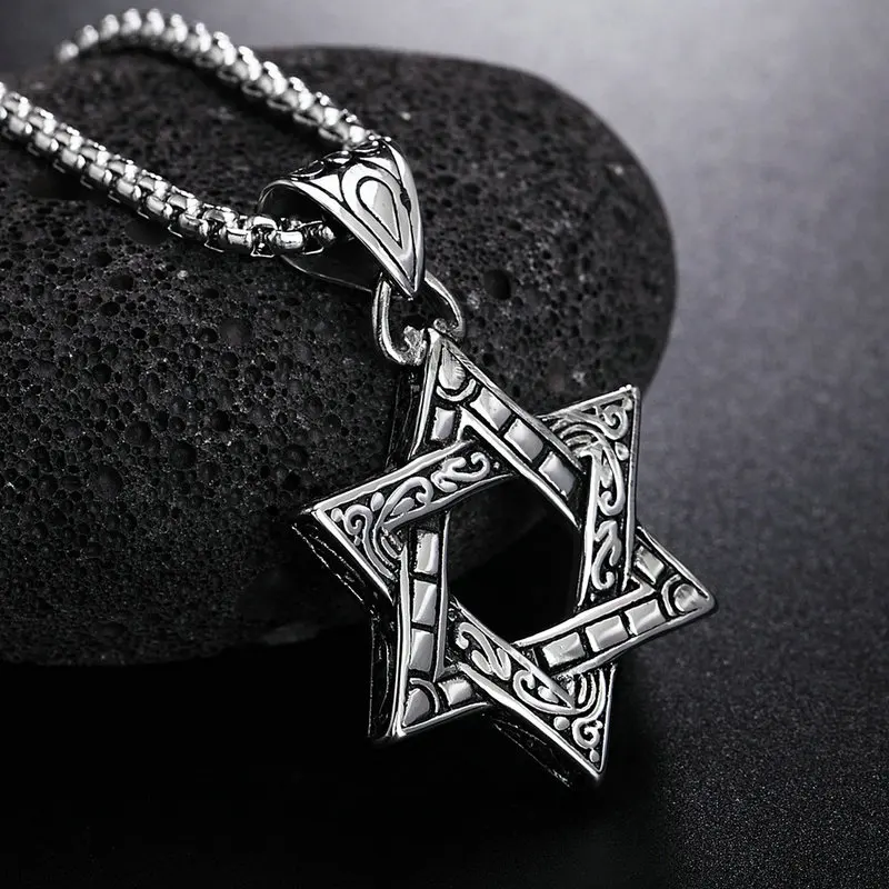 Amgj шесть еврей звезды гексаграмма кулон Цепочки и ожерелья Титан Сталь Панк