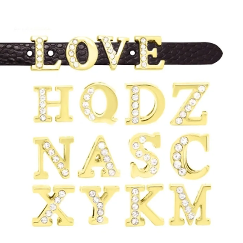 

Free Shipping, 520pcs 8mm Half Rhinestone Gold A-Z Slide Letters, Slide Charms, Slide Beads DIY 8mm Wristbands, Keychains