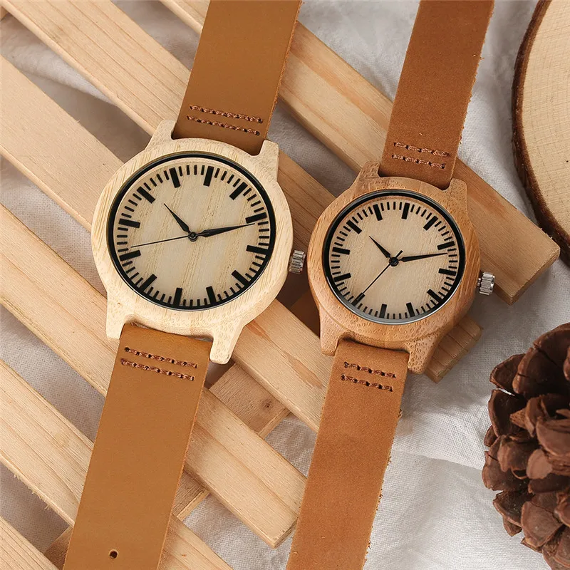 

YISUYA Couple Wooden Watch Man Women Quartz Wristwatches Bamboo Face Watches with Genuine Leather Band Strap Gift for Lover