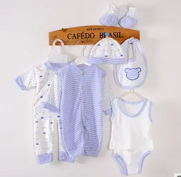 7pcs per setblue Новорожденных Детская Одежда Из Хлопка Ребенка Комбинезон Шапки Перчатки Нагрудники Детская Одежда Наборы Для 0-9Month Детские Комбинезон Подарки для новорожденных сувениры ползунки - Цвет: 7pcs per setblue