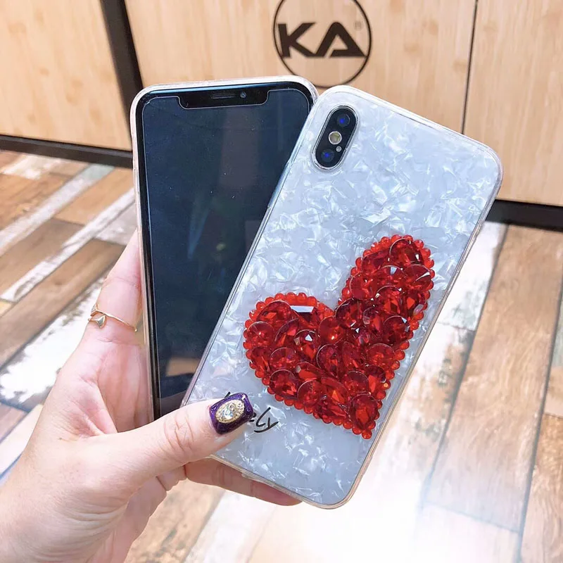 Роскошные раковины Мягкий силиконовый чехол для iPhone X 10 алмаза сердца Rhinestone