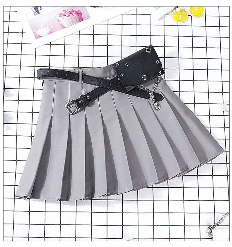 New Hip-hop Women's Harajuku Pleated Skirt Gothic Black High Waist Mini Skirts Cute Girls Punk A Line Short Skirt With Belt