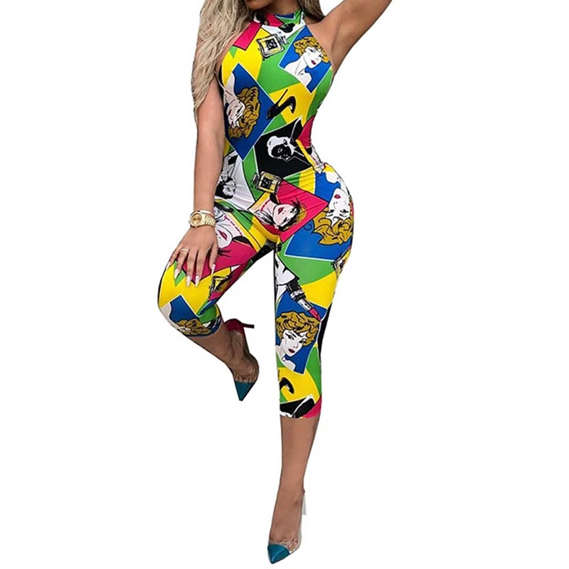 2018 Sexy Womens Skinny Jumpsuit Casual Long Pants Half Sleeve Jumpsuits Night Out Rainbow Multicolor Print | Женская одежда