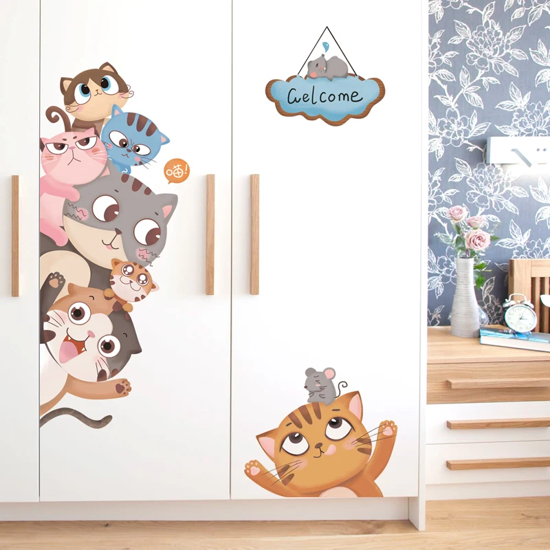 Мультяшные милые кошки Настенный декор наклейка для детской комнаты домашний