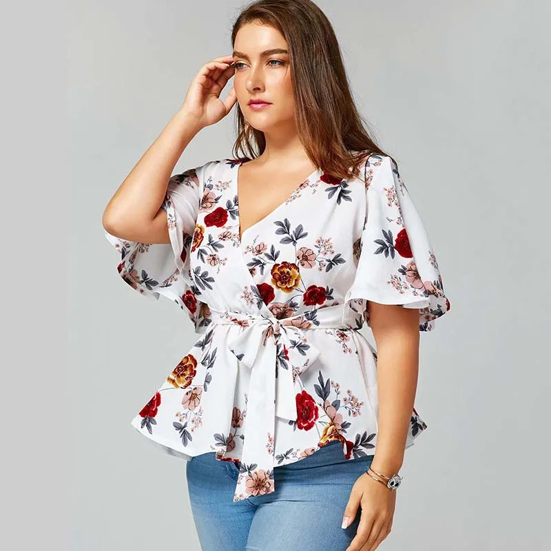 PlusMiss плюс размеры 5XL Цветочный Принт поясом баски Блузка для женщин Лето V