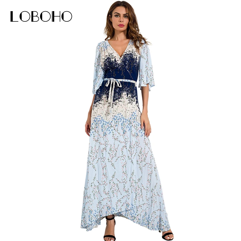 Цветочный принт Длинные платья Для женщин Лето 2018 Мода Boho Стиль Макси платье