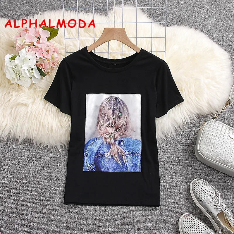 Женская футболка с блестками ALPHALMODA белая или черная коротким рукавом и