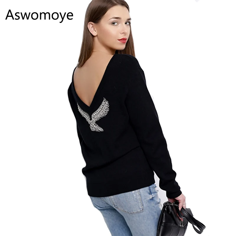 S-XL Весенние Новые Модные женские свитера с длинным рукавом и v-образным вырезом, Украшенные бусинами и орлом, пуловеры, компьютерный вязаный свитер