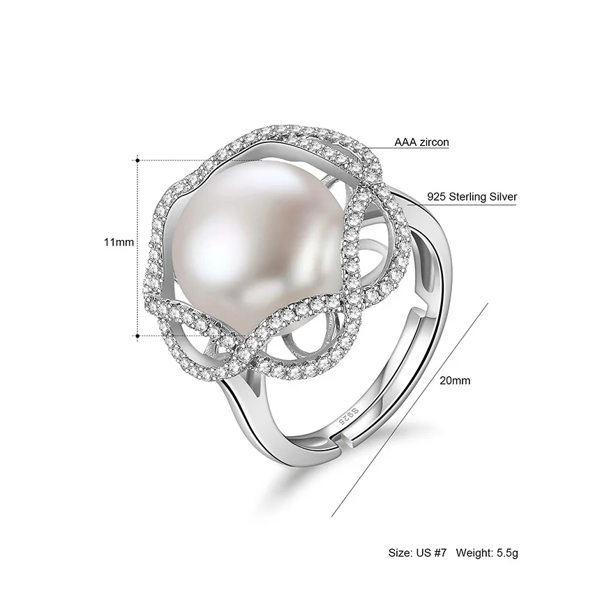 Hongye 2020 Luxury 11mm Big Natural Freshwater Pearl 925 Sterling Silver Adjustable Rings Jewelry Flower Design for Women Gift | Украшения