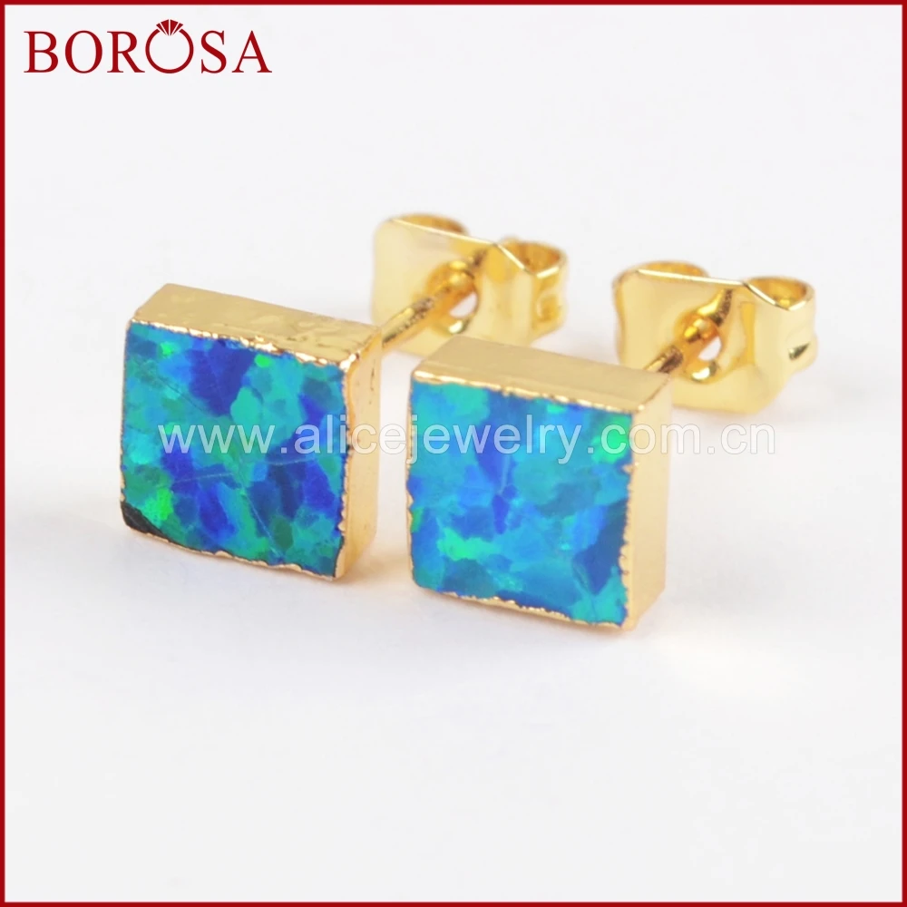 

BOROSA New Arrival Gold Color Square Shape White and Blue Japanese Opal Stud Earrings Gems Earring for Women Druzy Jewelry G1425