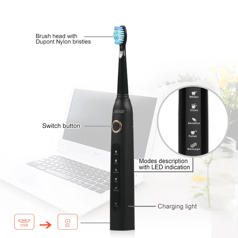 Seago SG507 электрическая зубная щетка USB перезаряжаемая с 12 шт. сменной головкой 5