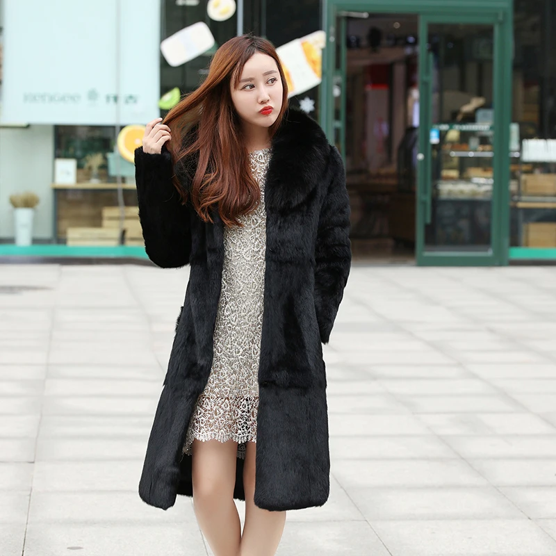 2019 Factory Direct Price Women Winter X Long Real Genuine Rabbit Fur Coat with Luxury Pure Fox Collar Overcoat Hot TSR128 | Женская