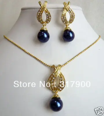 Красивый черный корпус жемчужное ожерелье серьги набор леди ювелирные