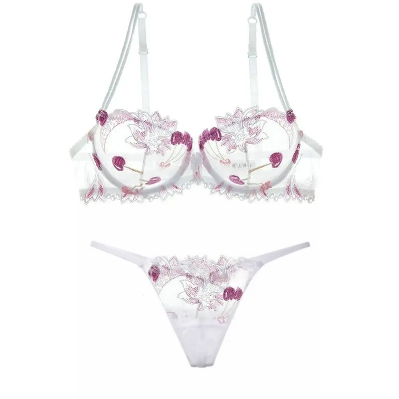 White string Bra Set Сексуальный кружевной комплект нижнего белья пуш-ап, женское нижнее белье, комплекты нижнего белья с цветочной вышивкой, белый бюстгальтер, комплект нижнего белья - Цвет: White string Bra Set