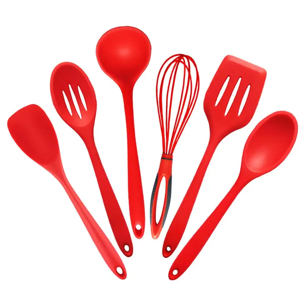 6PCS set Красная кухонная утварь 5 или 6 или 10 шт. Жаростойкие силиконовые кухонные инструменты для приготовления пищи приспособления для выпечки лопатка ложка набор - Цвет: 6PCS set