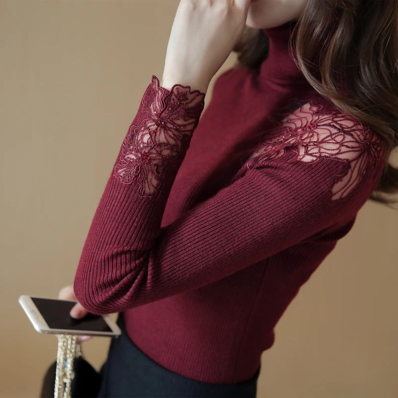 Осенне-зимний короткий утепленный женский свитер с высоким воротом и длинными