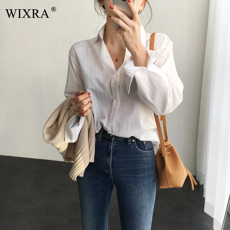 Классическая блузка в полоску Wixra базовая офисная с отложным воротником для