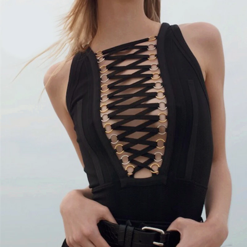INDRESSME 2019 женское сексуальное Бандажное боди новинка открытая шнуровка без