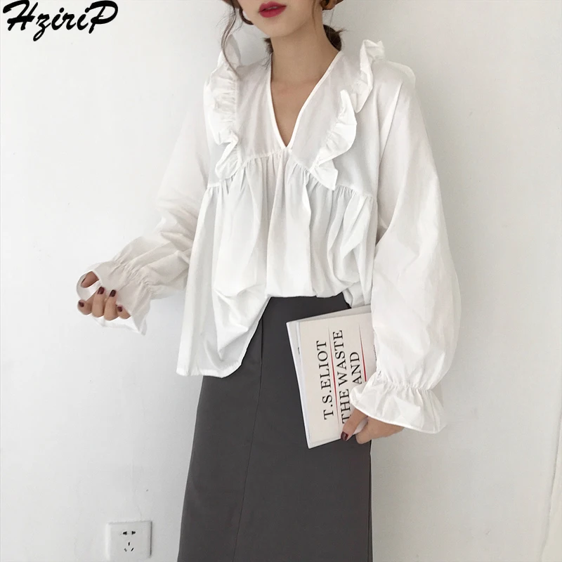 Hzirip корейский 2019 демисезонный Свободные Повседневная Блузка однотонные женские