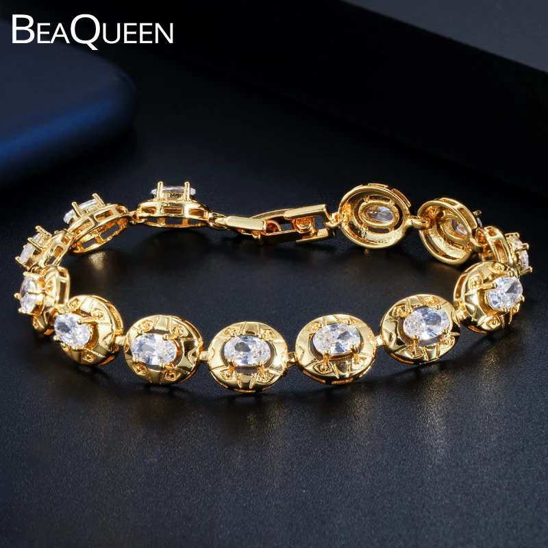 BeaQueen Luxury Yellow Gold Color Indian Jewelry Oval Round Cubic Zircon Crystal Setting Tennis Bracelets for Fashion Women B166 | Украшения
