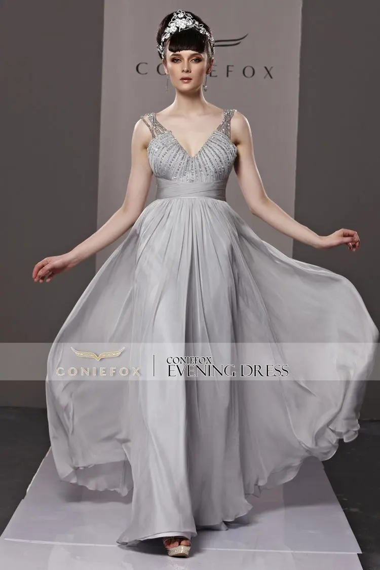 Kingfox V-Neck Silver Empire Elegant Princess Evening Dress 81195 | Свадьбы и торжества
