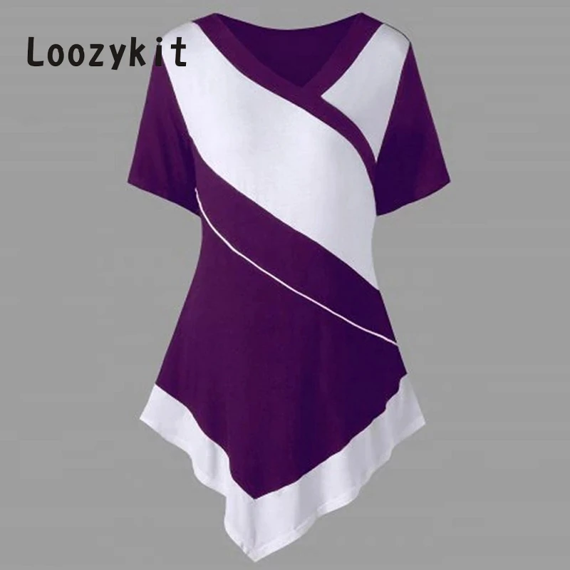 LOOZYKIT Лето 5XL размера плюс Лоскутные Асимметричные футболки женские с коротким рукавом v-образным вырезом Повседневная футболка Топы Туника Одежда